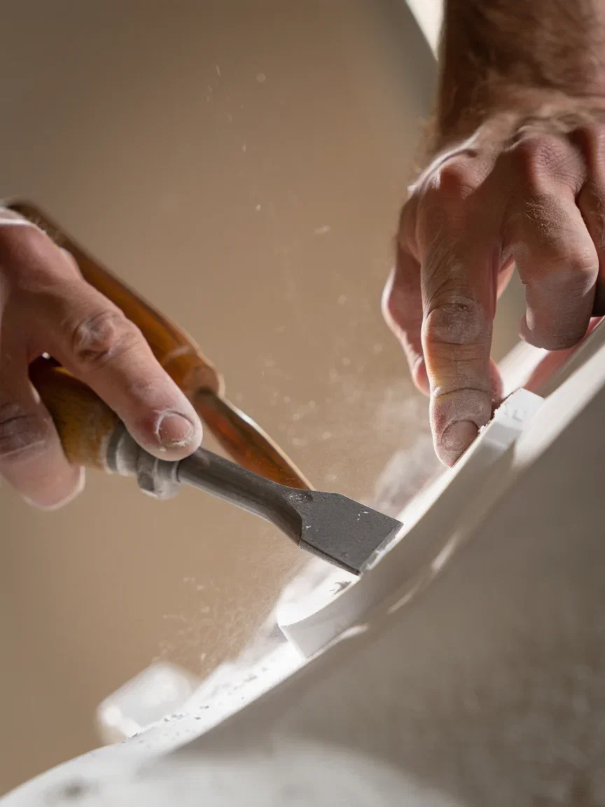 Sculptor's hands carving a marble curl in window light, generated with Reve on FluxoKit