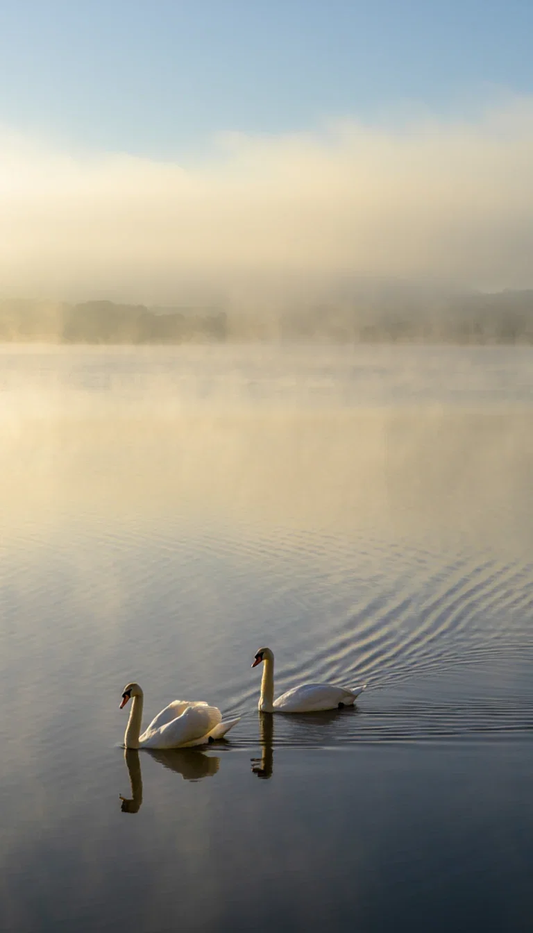Two swans gliding through morning mist on a glassy lake, generated with Reve on FluxoKit