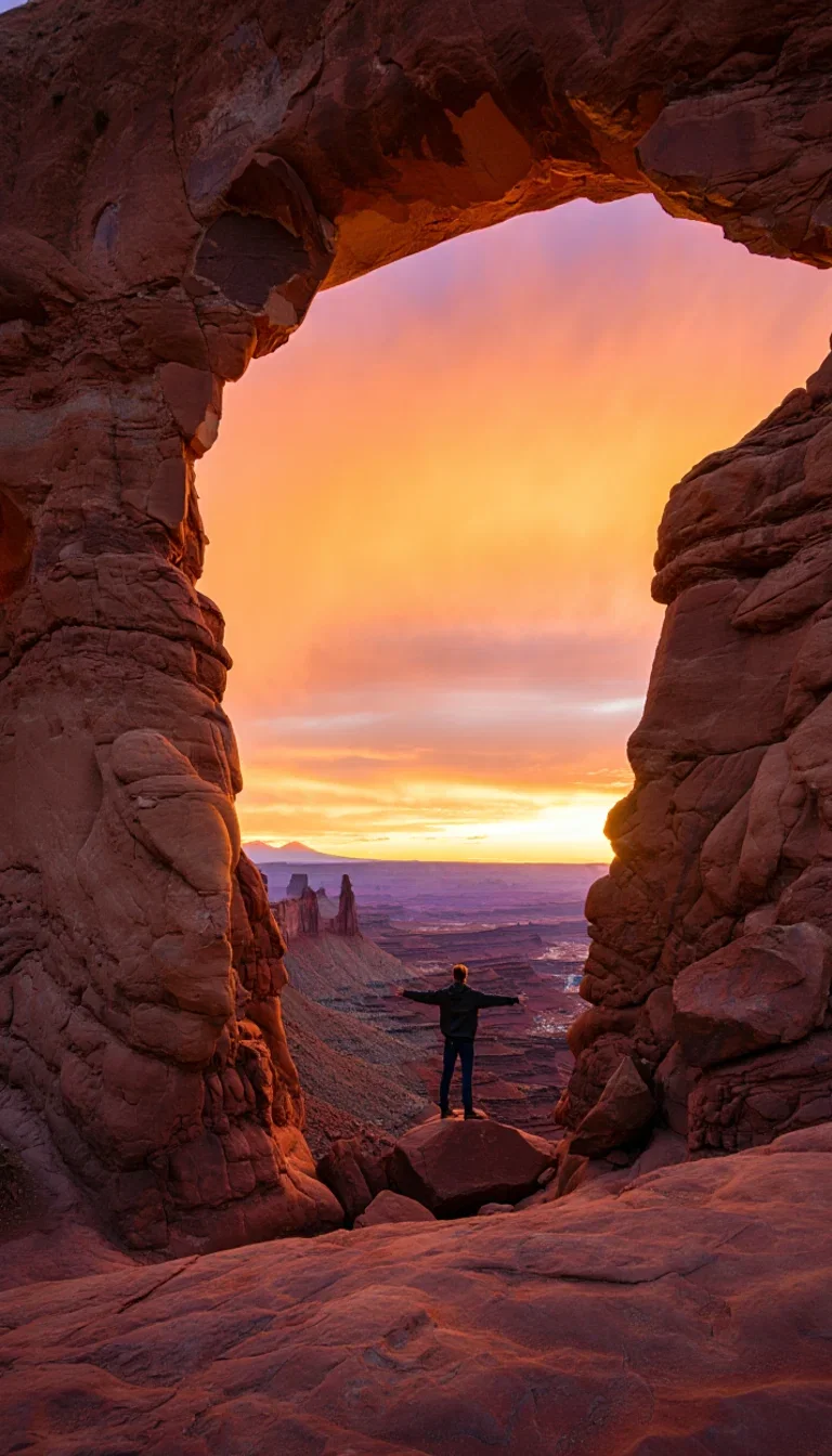 Sandstone arch framing a hiker silhouette at golden hour, generated with Reve on FluxoKit
