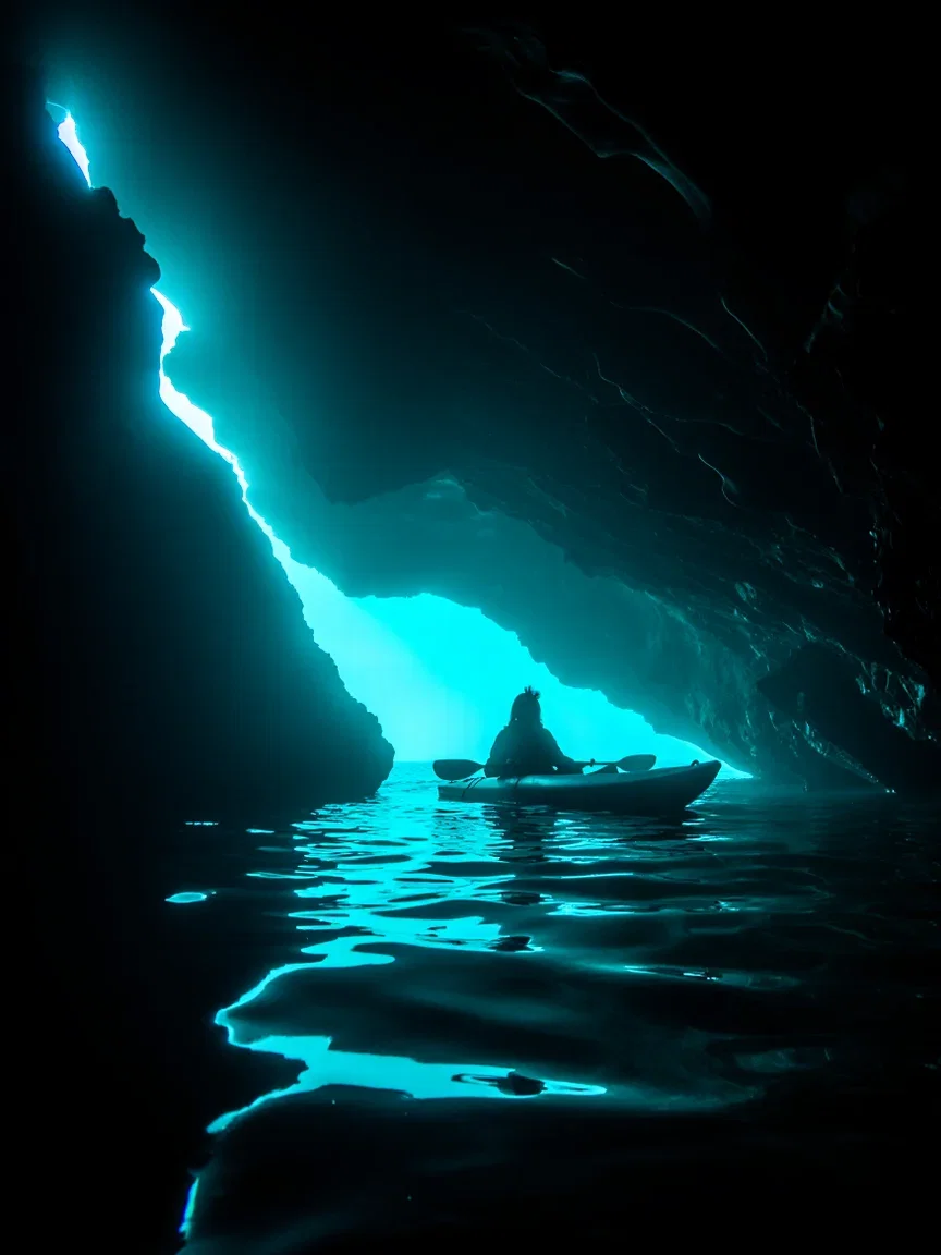 Turquoise light flooding a sea cave onto a resting kayaker, generated with Reve on FluxoKit