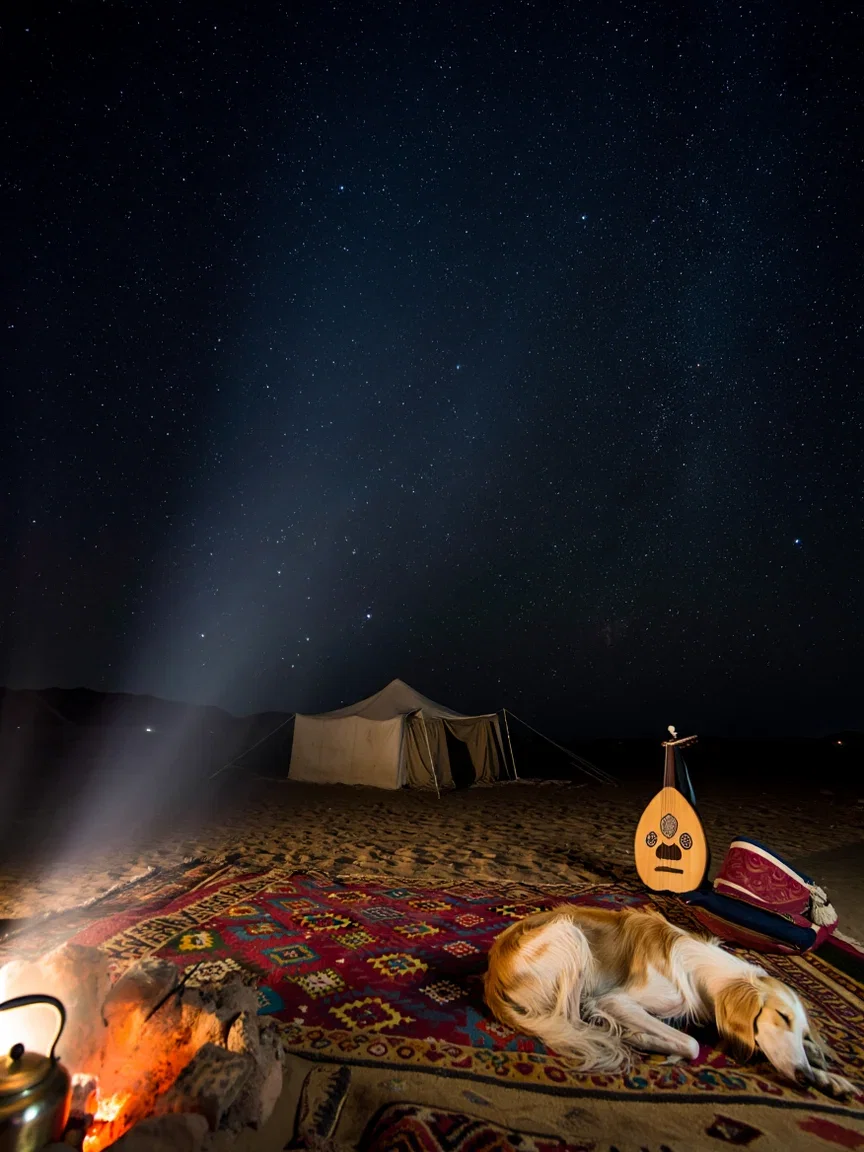 Desert night camp with starfield, copper kettle on embers, kilim rug, sleeping saluki, oud on saddle and tent - all six briefed elements, generated with Reve on FluxoKit