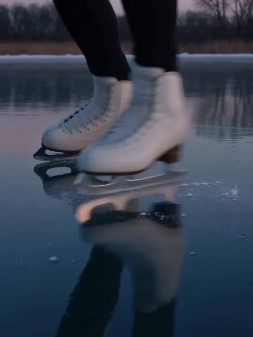 White skates biting the pond ice with chips off the blade, beat frame from a Seedance 2.0 clip on FluxoKit