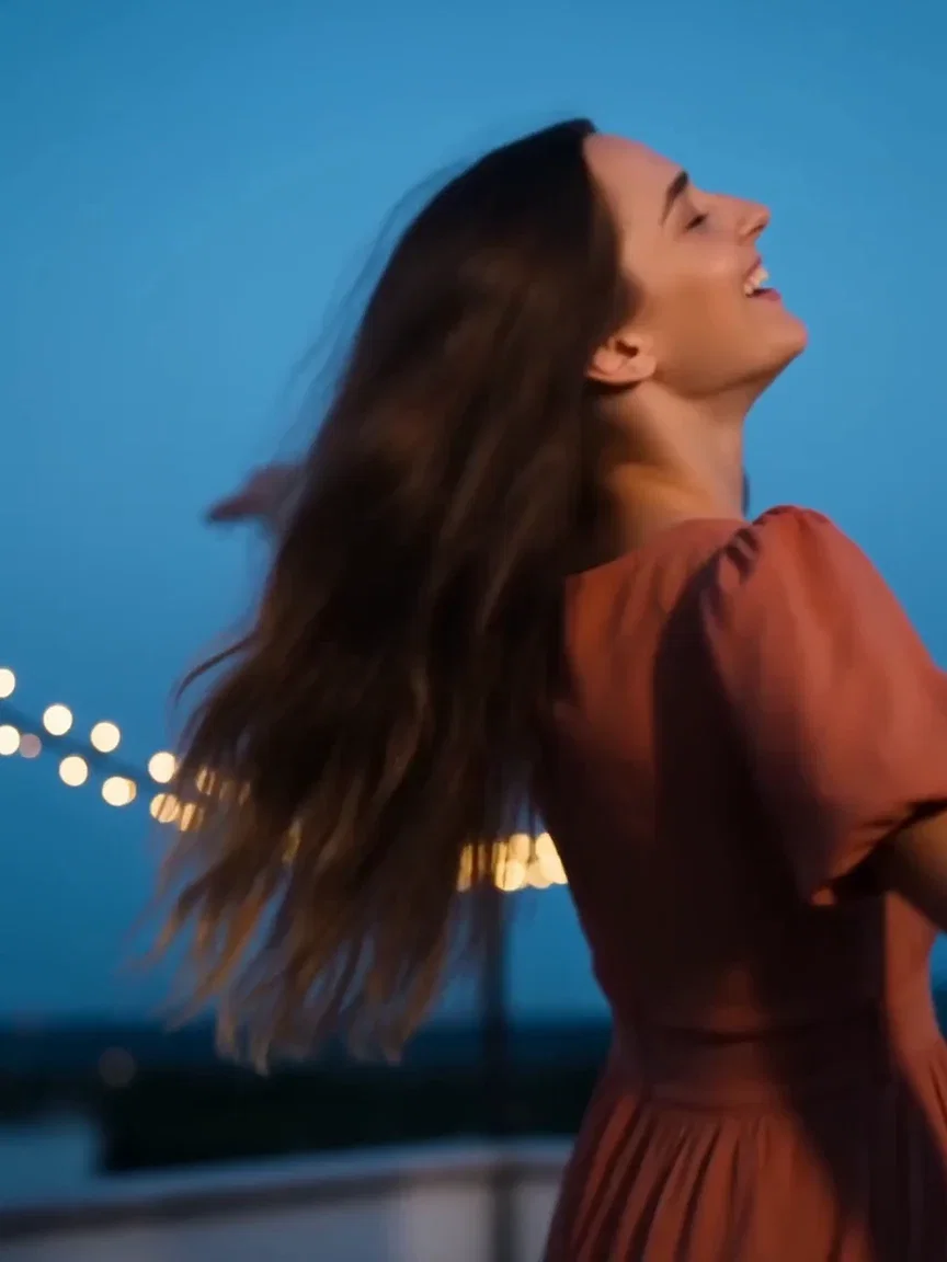 Candid laugh mid-twirl on the rooftop, beat frame from a Seedance 2.0 clip on FluxoKit