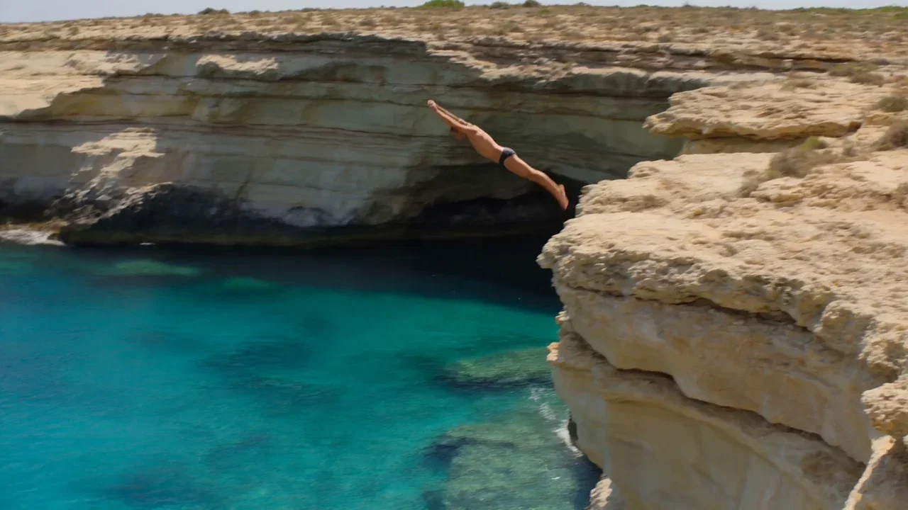 Cliff jumper leaping from a limestone ledge into a turquoise cove with a huge splash, generated with Seedance 2.0 on FluxoKit