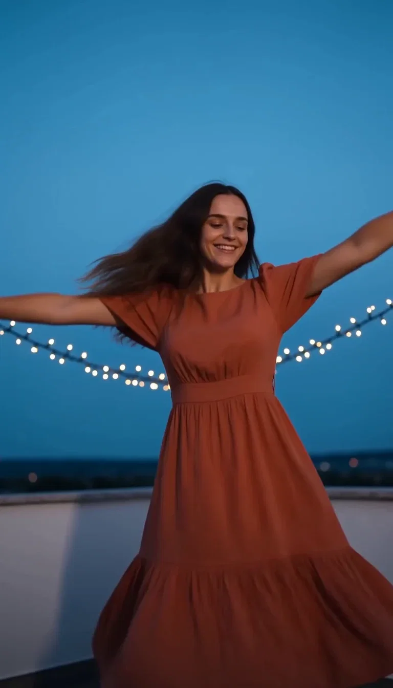 Terracotta dress flaring mid-twirl at blue hour, beat frame from a Seedance 2.0 clip on FluxoKit