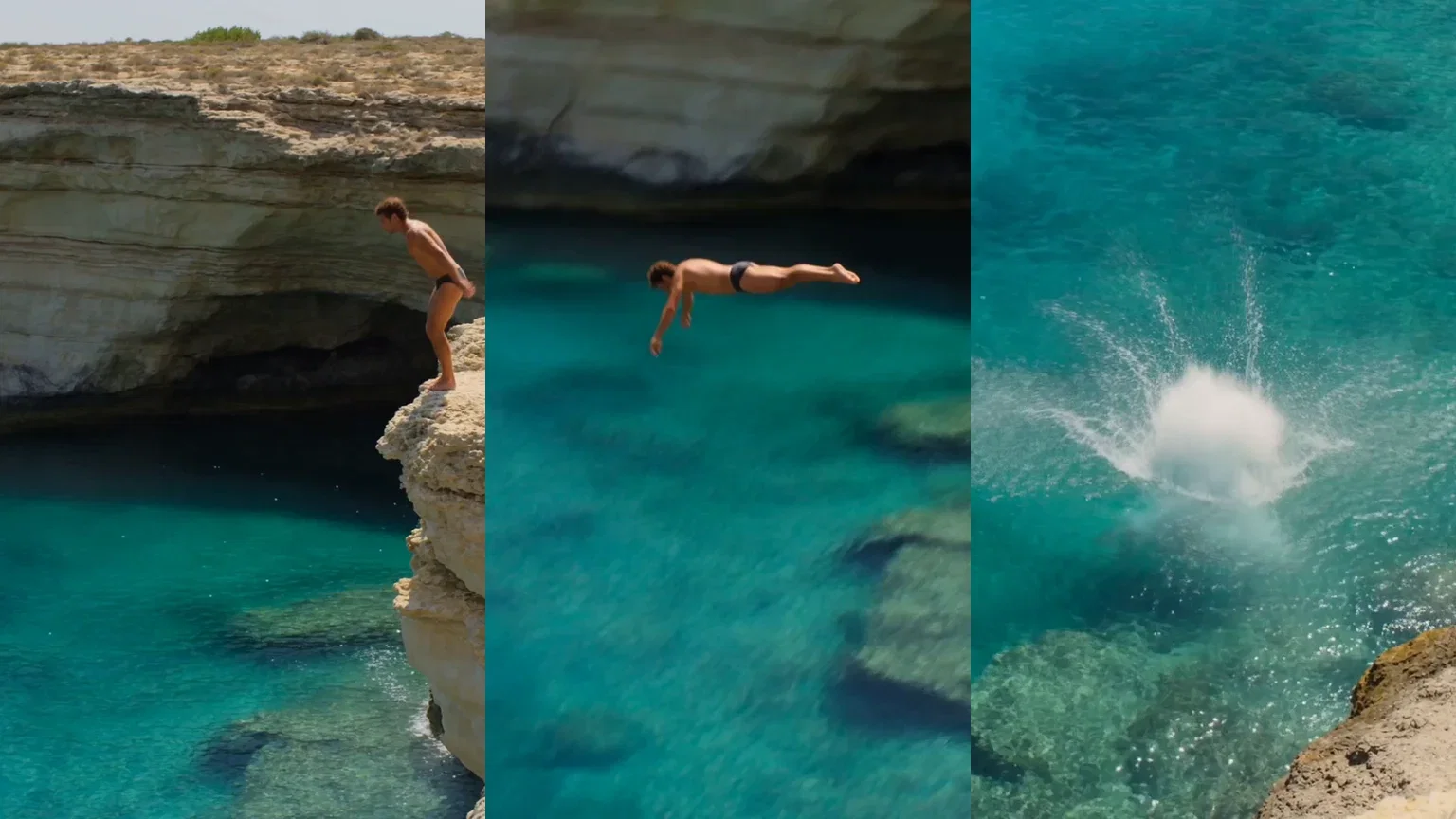 Three-beat strip of a cliff leap from one Seedance 2.0 take showing launch, mid-air arc and splash, generated on FluxoKit