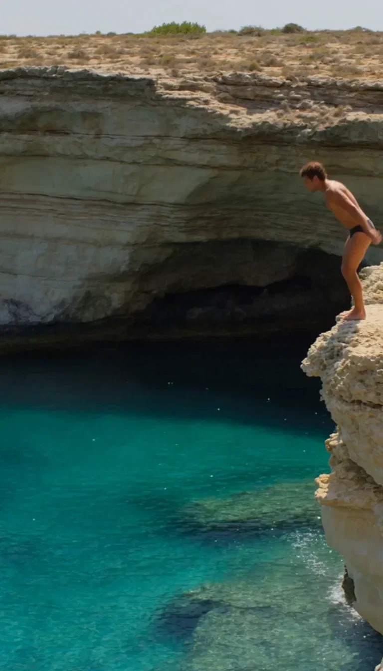Wide beat frame of the limestone cove and turquoise water from a Seedance 2.0 clip on FluxoKit