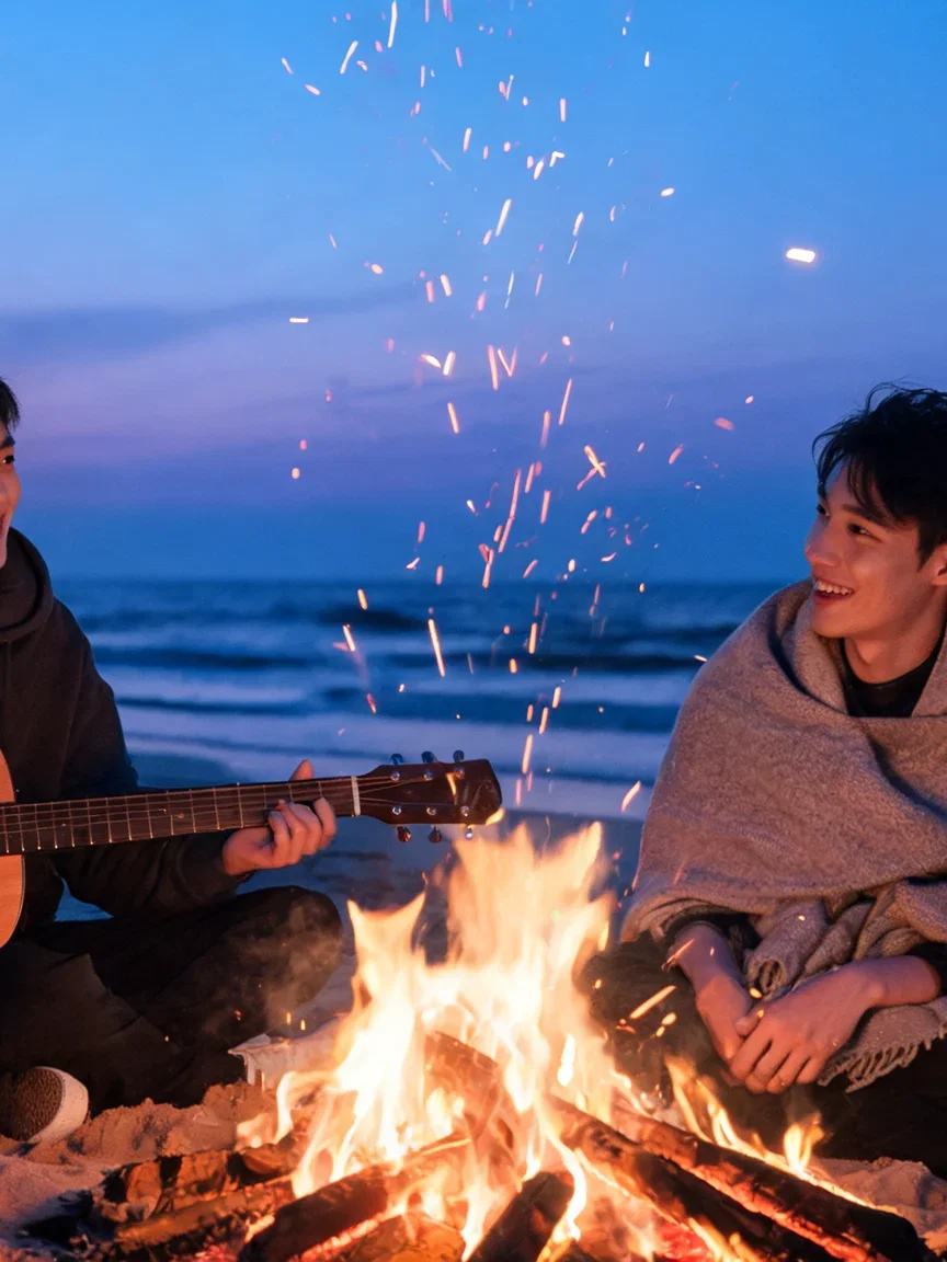 Friends around a beach campfire at blue hour with sparks rising, generated with Seedream 5 on FluxoKit
