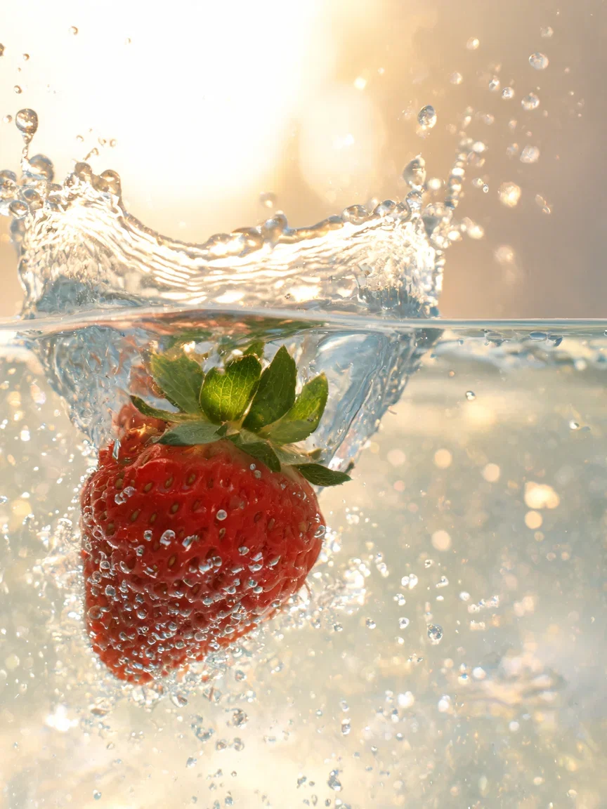 Strawberry plunging into sparkling water with a frozen splash crown, generated with Seedream 5 on FluxoKit