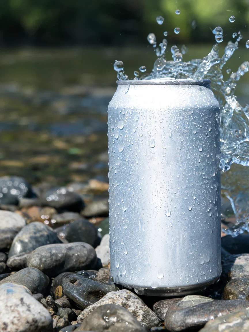Blank aluminum can with condensation and a frozen splash on river pebbles, generated with Seedream 5 on FluxoKit