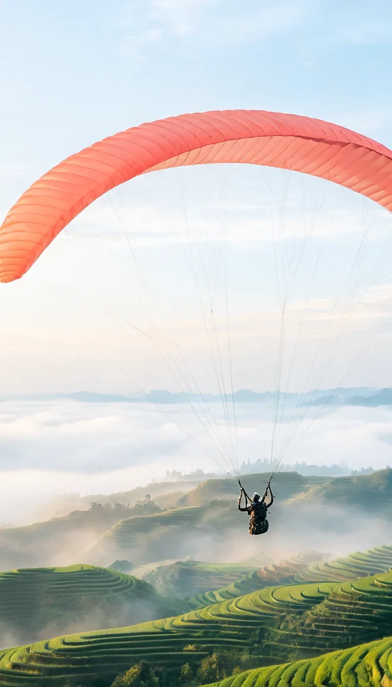 Paraglider with a plain coral wing over misty terraced hills, generated with Seedream 5 on FluxoKit