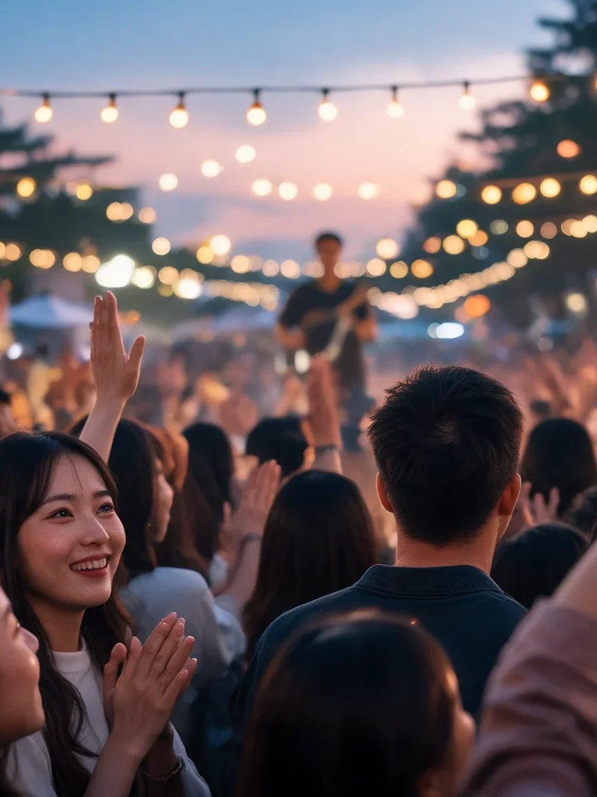 Hands raised in a dusk street crowd with bokeh lights, generated with Seedream 5 on FluxoKit