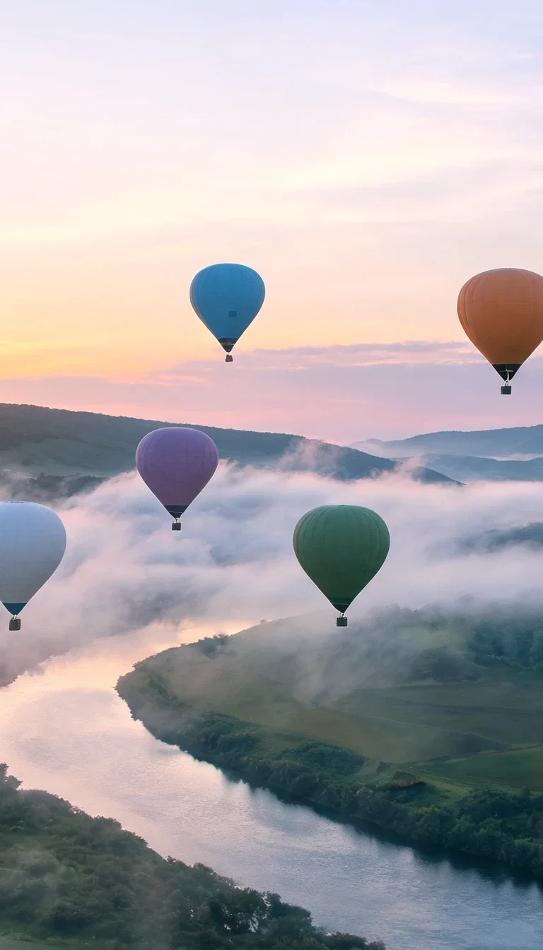 Plain solid-color hot air balloons rising over a misty river valley, generated with Seedream 5 on FluxoKit