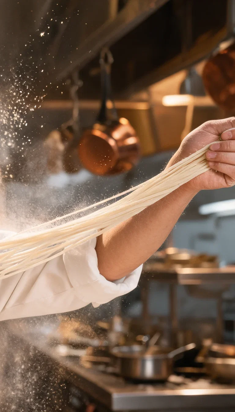 Chef stretching hand-pulled noodles in a flour cloud, generated with Seedream 5 on FluxoKit