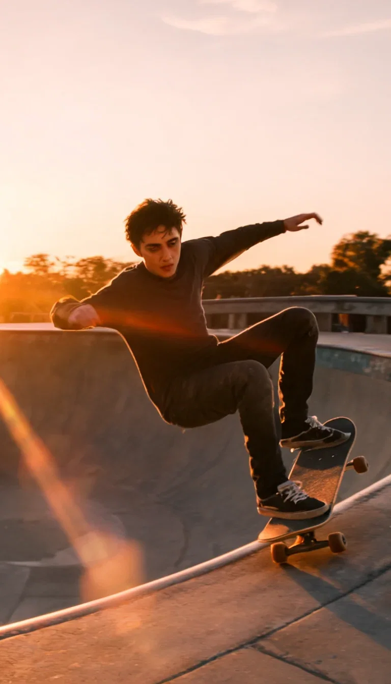 Skater mid-carve on a backyard pool bowl lip in low sun flare, generated with Seedream 5 on FluxoKit