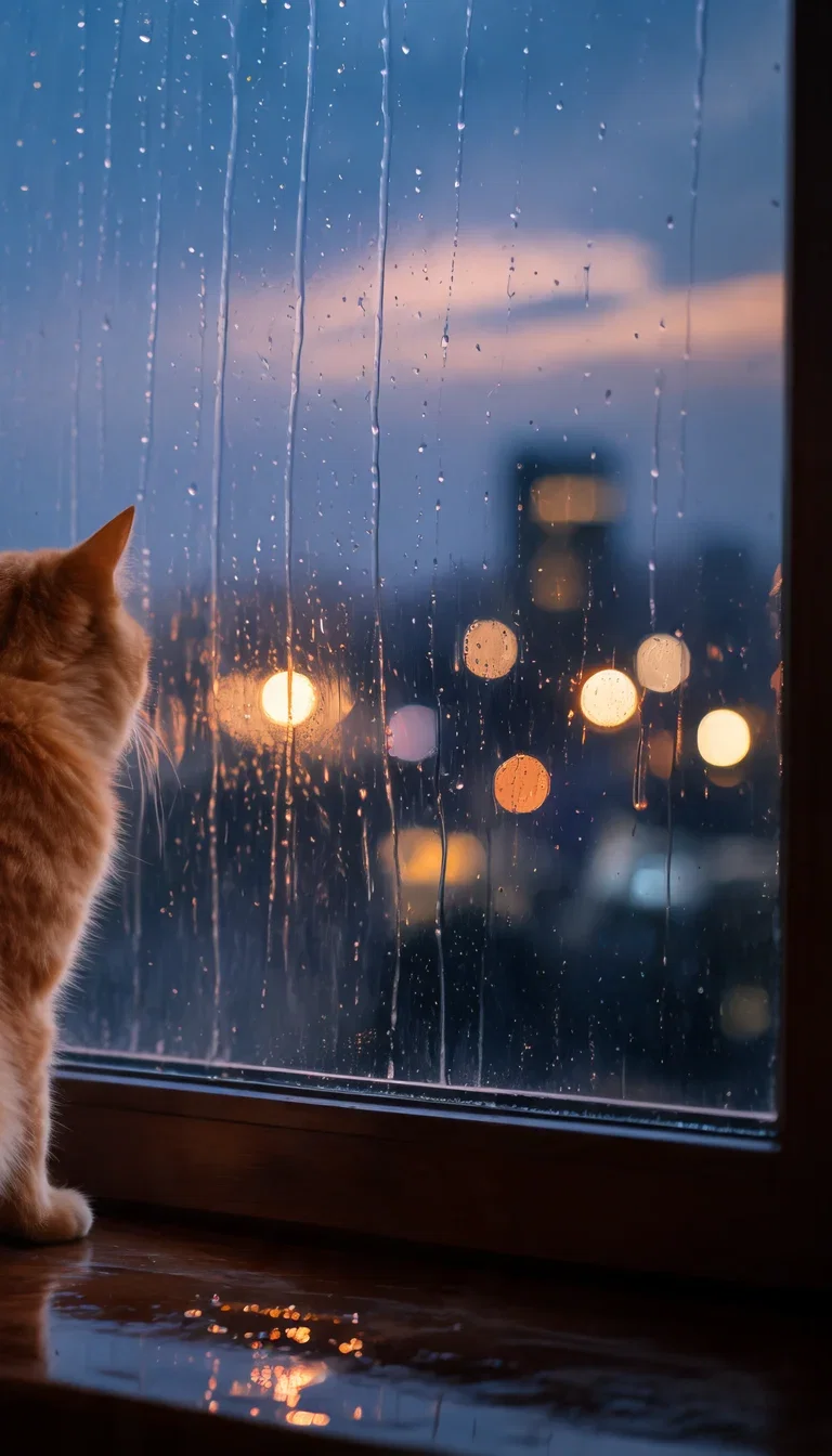 Ginger cat watching rain race down a dusk window, generated with Seedream 5 on FluxoKit