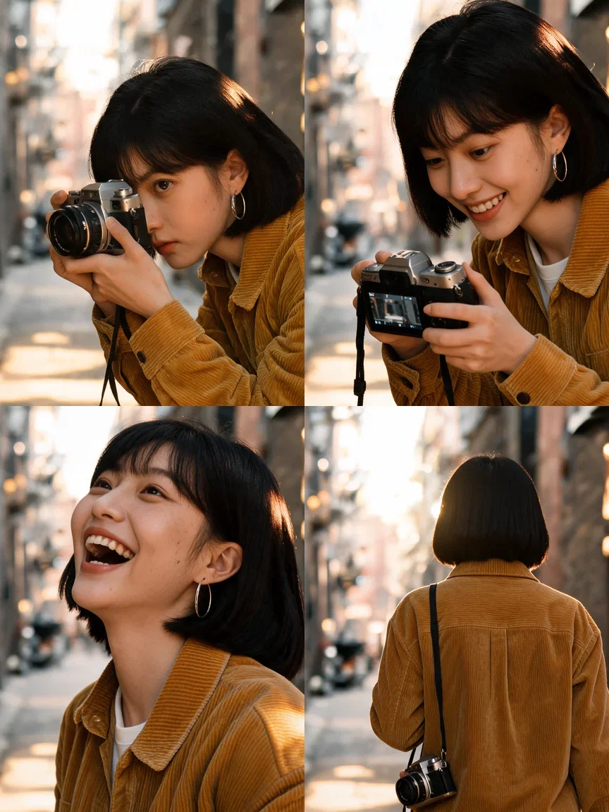 Four-beat series of the same photographer - framing, reviewing, laughing, walking away - generated in one Seedream 5 sequential call on FluxoKit