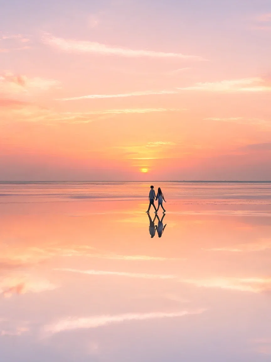 Couple walking on a mirror-flat tidal plain at sunset, generated with Seedream 5 on FluxoKit