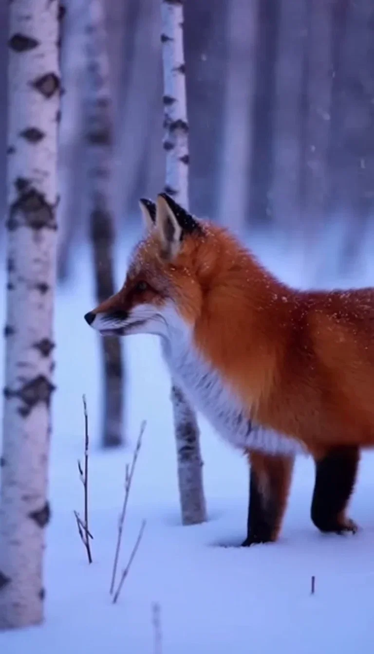 Fox in profile walking between birch trunks in falling snow, a beat frame from a Sora 2 clip on FluxoKit
