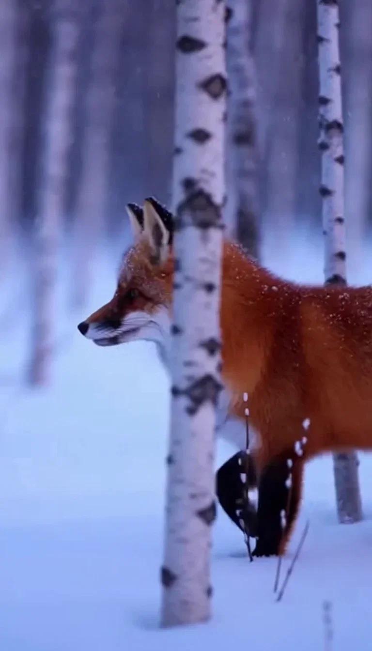 Frame of a red fox in falling snow from a Sora 2 clip, generated on FluxoKit