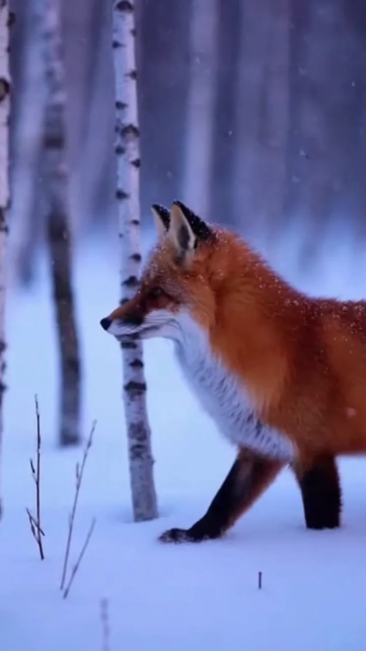 Red fox stepping through fresh snowfall in a birch forest at dusk with visible breath, generated with Sora 2 on FluxoKit