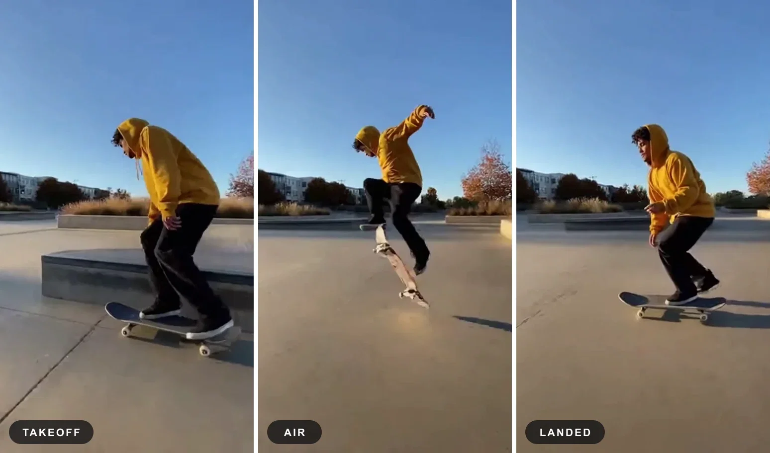 Three-frame strip of a skateboard ollie from one Sora 2 take showing takeoff, air and landing, generated on FluxoKit