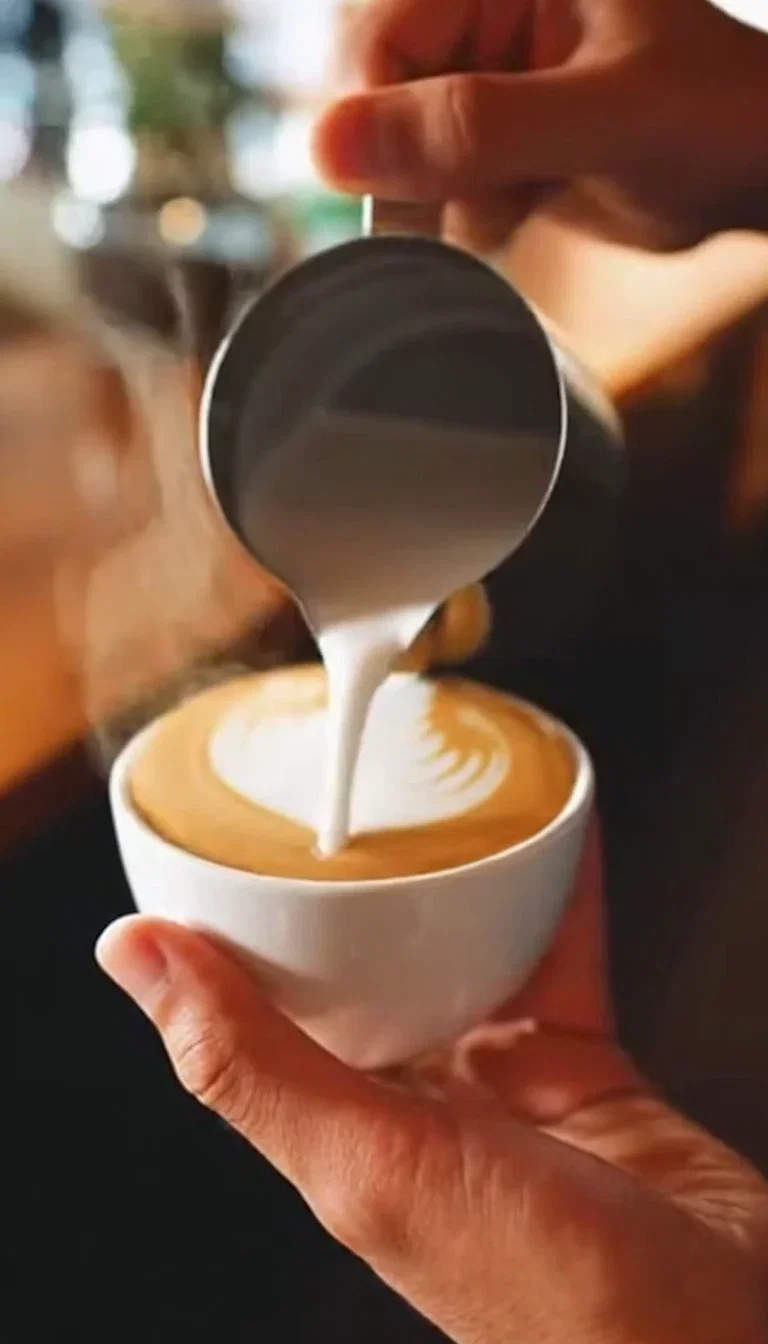 Steam rising as the milk pour begins, a beat frame from a Sora 2 clip on FluxoKit