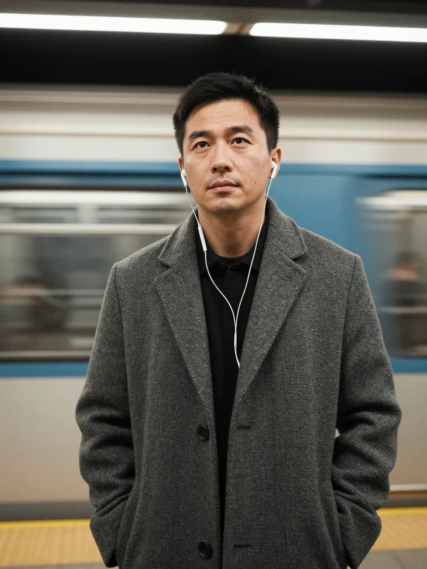 Man in a wool coat listening with earbuds on a subway platform, train blurred behind, generated on FluxoKit