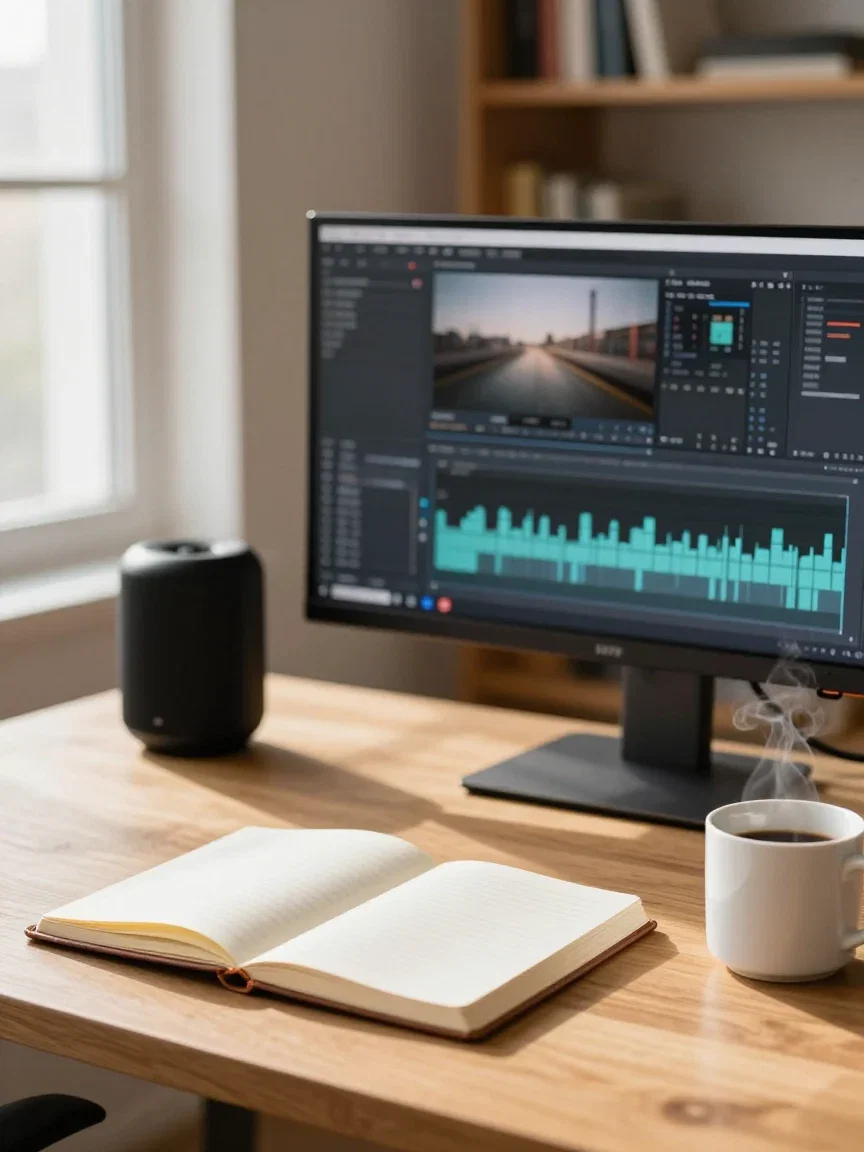 Video production desk with a blurred editing timeline on the monitor and a small speaker, generated on FluxoKit