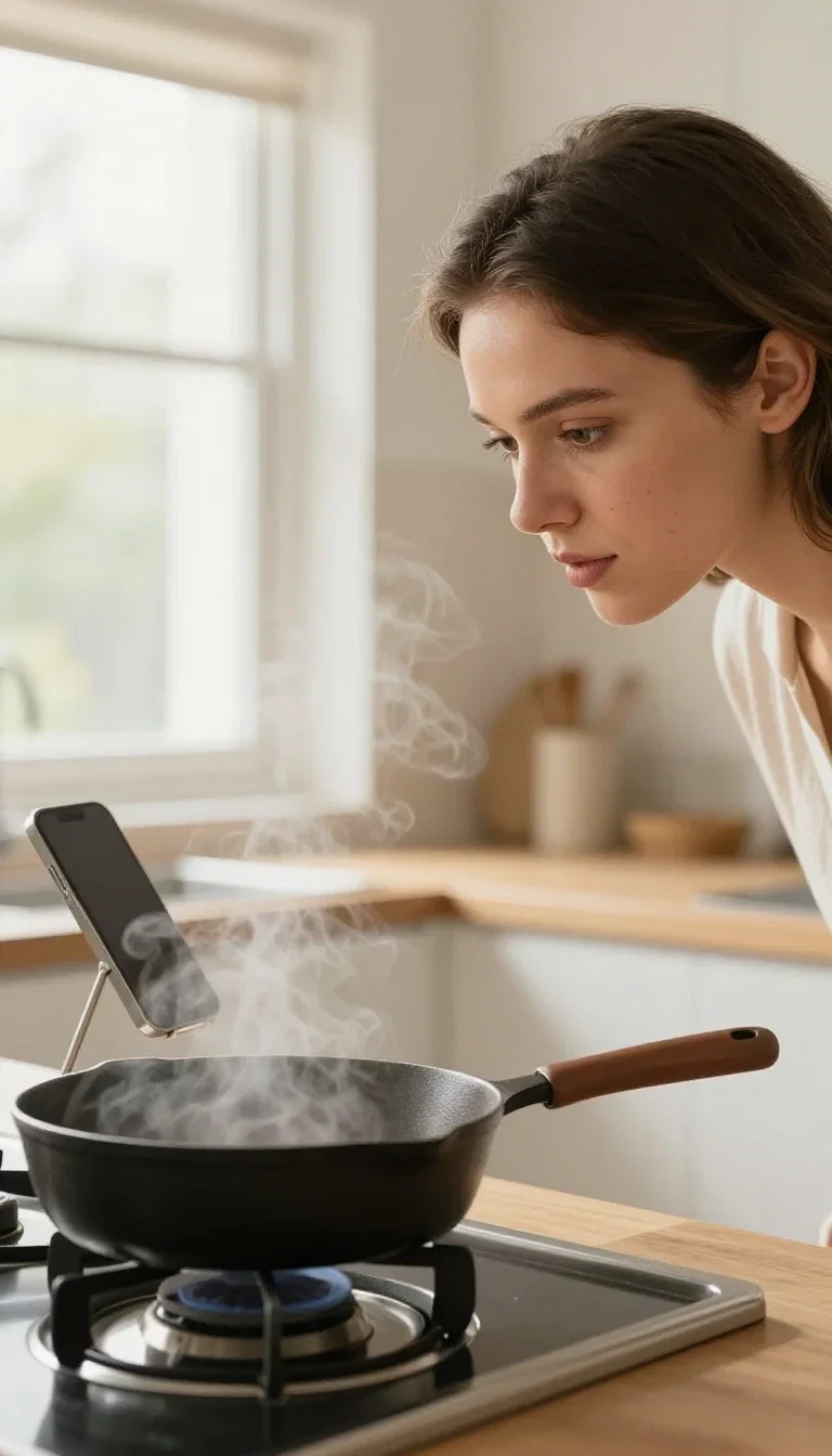 Woman cooking in a bright kitchen while a propped phone plays audio, generated on FluxoKit