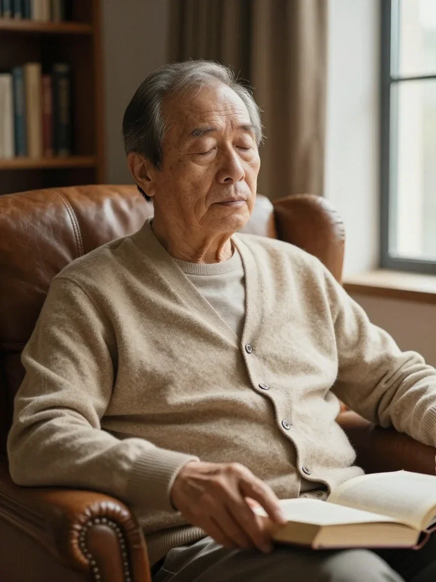 Older man in a cardigan listening with closed eyes in an armchair, hand on a closed book, generated on FluxoKit