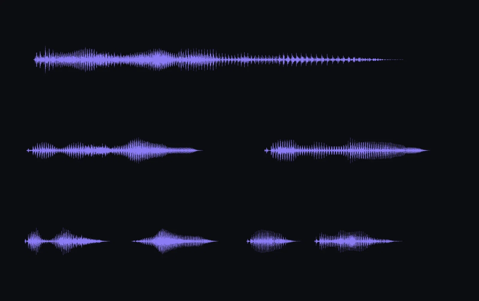 Three stacked waveforms of the same four words spoken as a statement, as questions, and as a halting reveal on FluxoKit