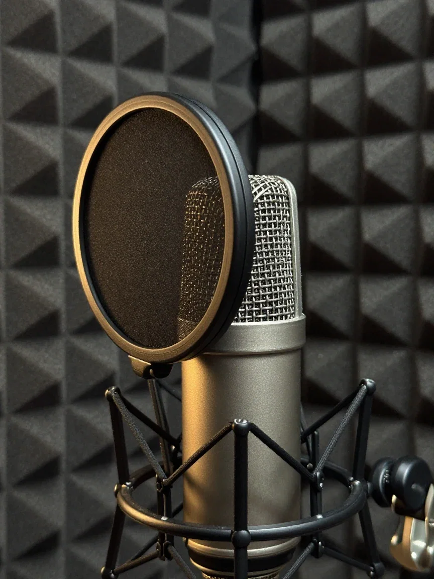 Studio microphone with pop filter in moody rim light against acoustic panels, generated on FluxoKit