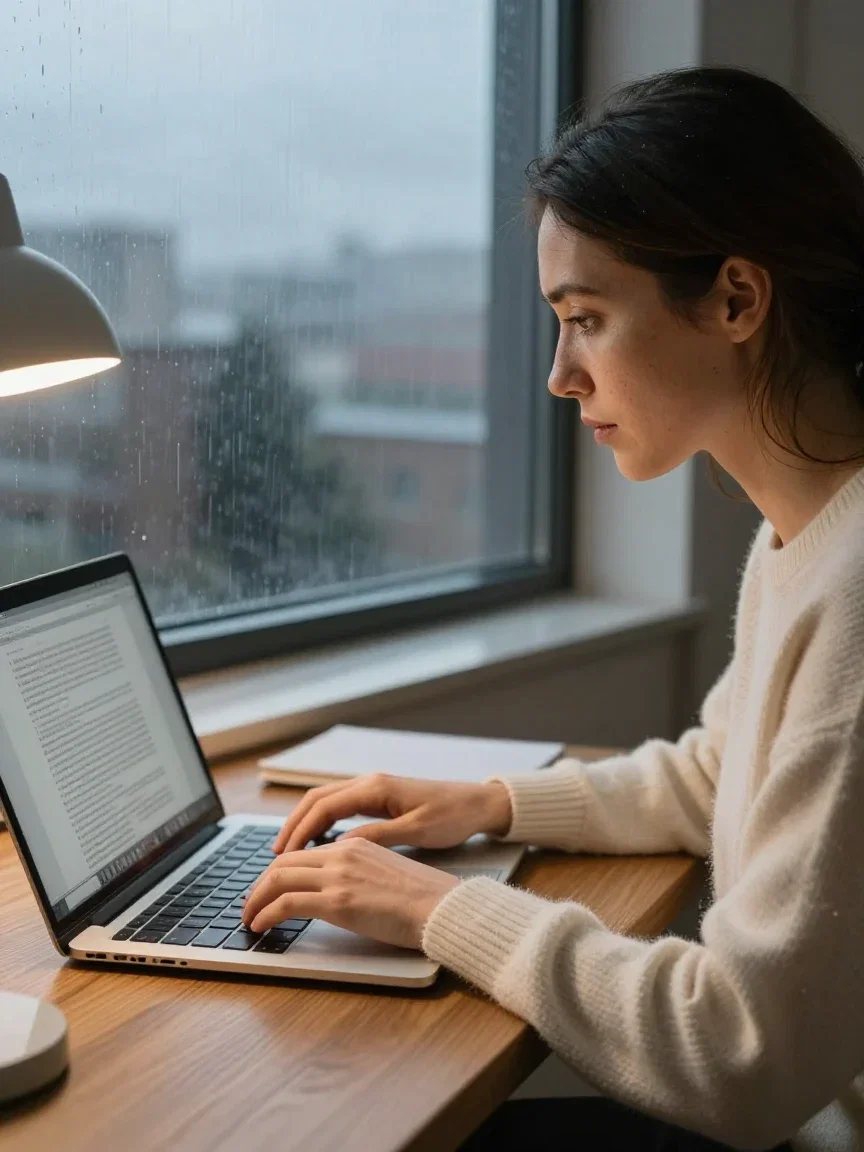 Writer in a cream sweater typing a manuscript by a rainy window, generated on FluxoKit