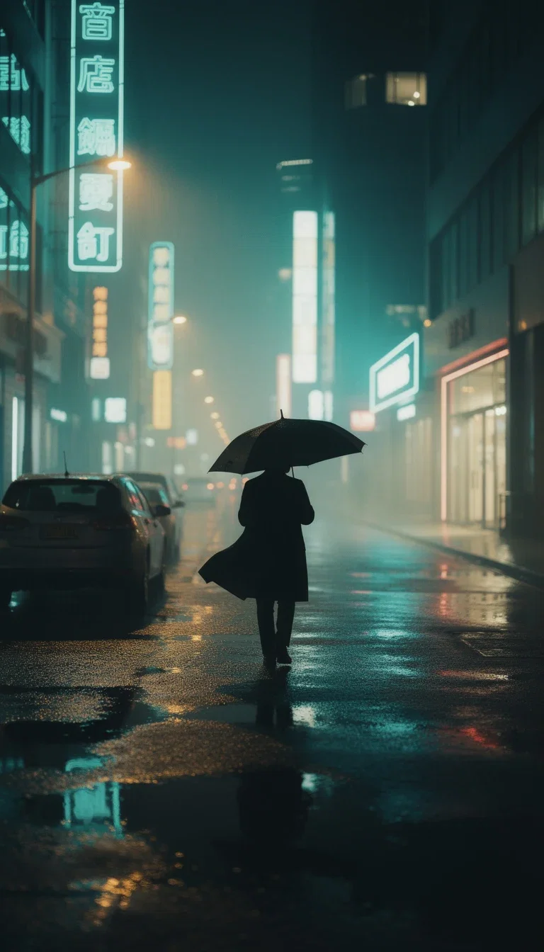 Neon-lit rainy night street with a lone figure, a cinematic story frame for text-to-video on FluxoKit