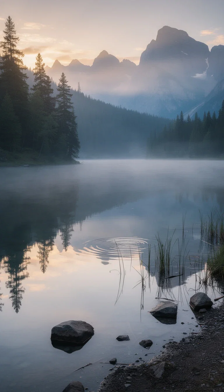 Photoreal misty mountain lake at dawn, a style frame for text-to-video direction on FluxoKit