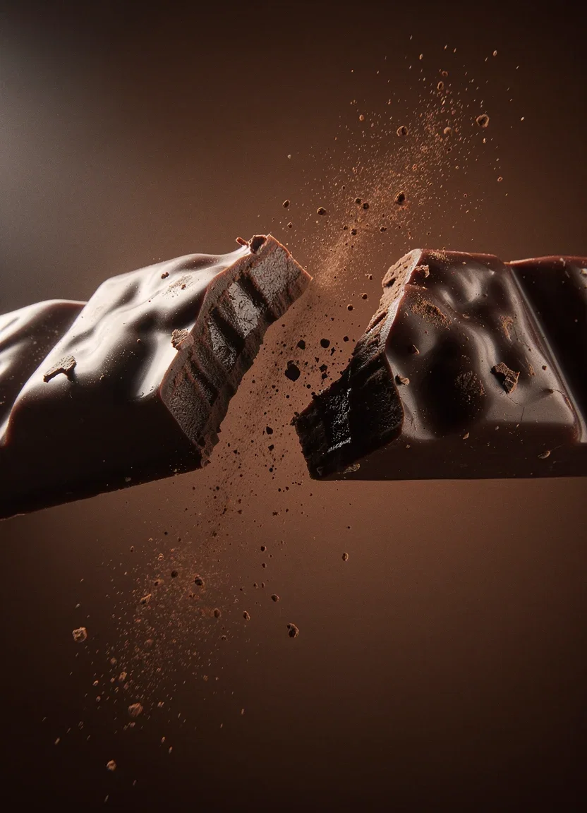 Macro frame of a chocolate bar snapping with cocoa powder bursting, written into existence from a text prompt on FluxoKit
