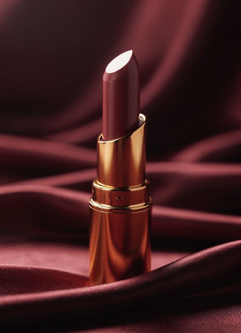 Gold lipstick standing on flowing burgundy silk, a commercial macro frame prompted from text on FluxoKit