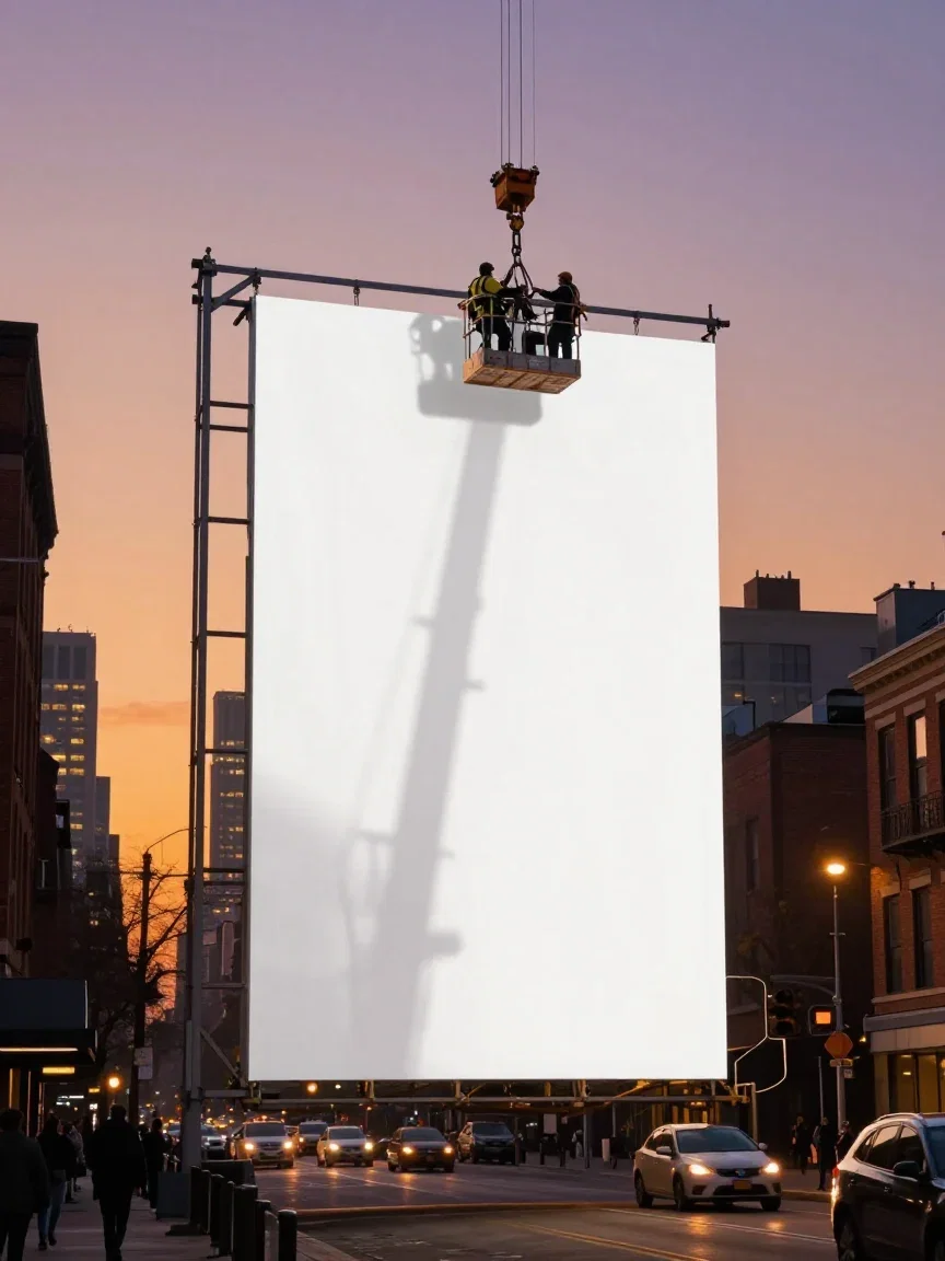 Workers installing a giant blank billboard canvas at dusk, generated on FluxoKit