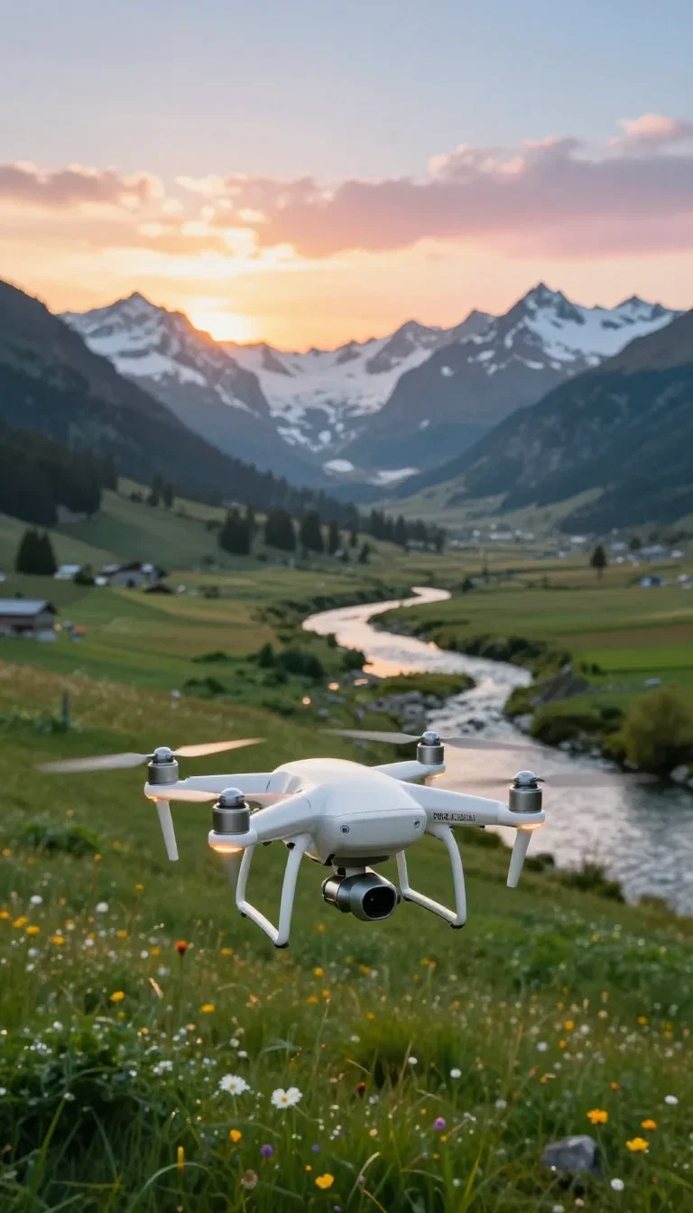Drone hovering against an alpine valley at sunrise, generated on FluxoKit