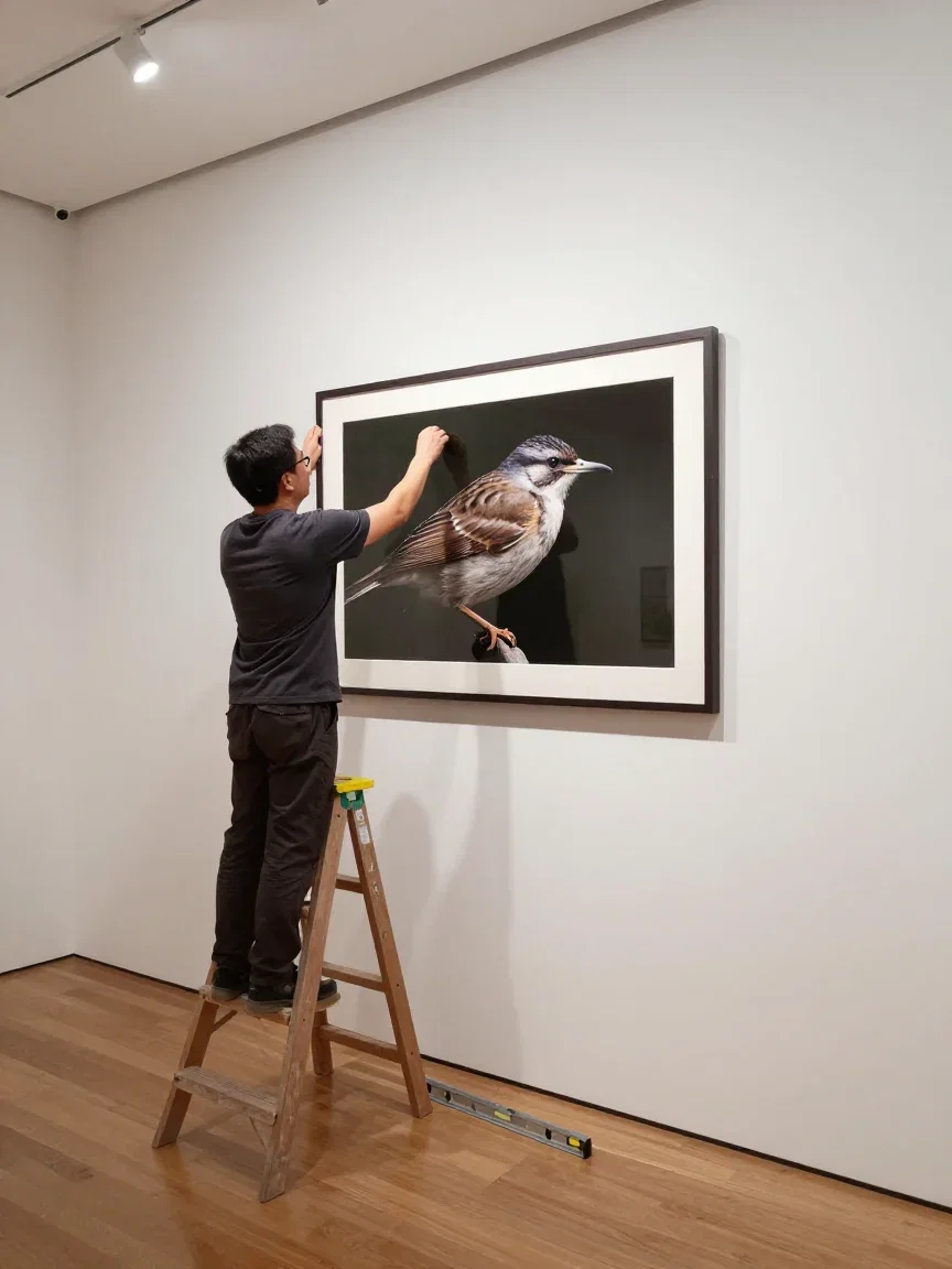 Person hanging a huge framed bird photograph on a gallery wall, generated on FluxoKit