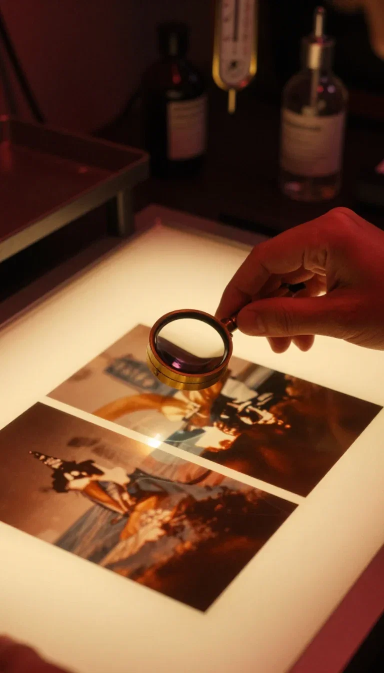 Photographer inspecting a contact sheet with a loupe on a light table, generated on FluxoKit