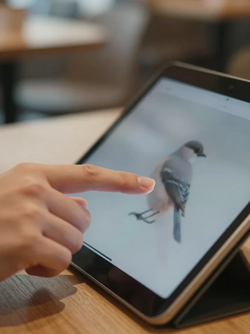 Fingers pinch-zooming a bird photo on a tablet, generated on FluxoKit