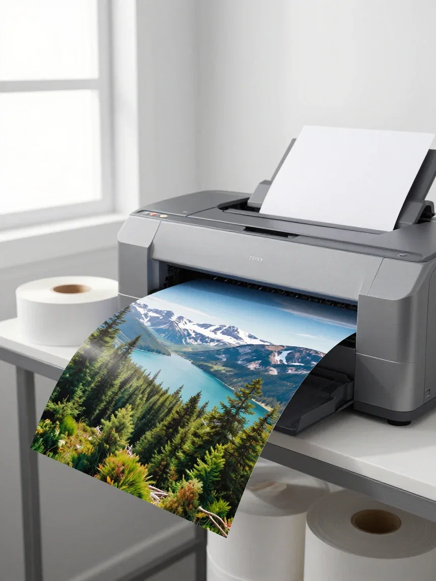 Wide-format printer feeding out a large glossy nature print, generated on FluxoKit