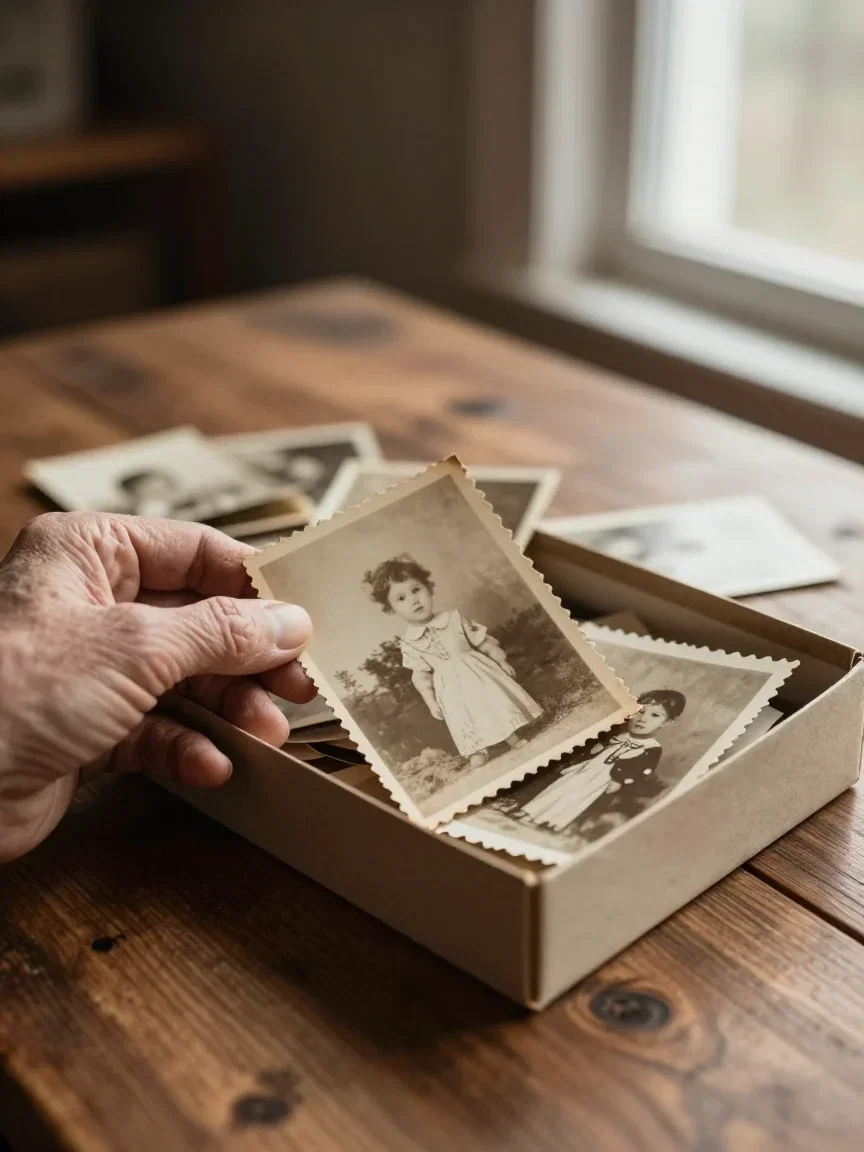 Faded family photographs spilling from a shoebox, generated on FluxoKit