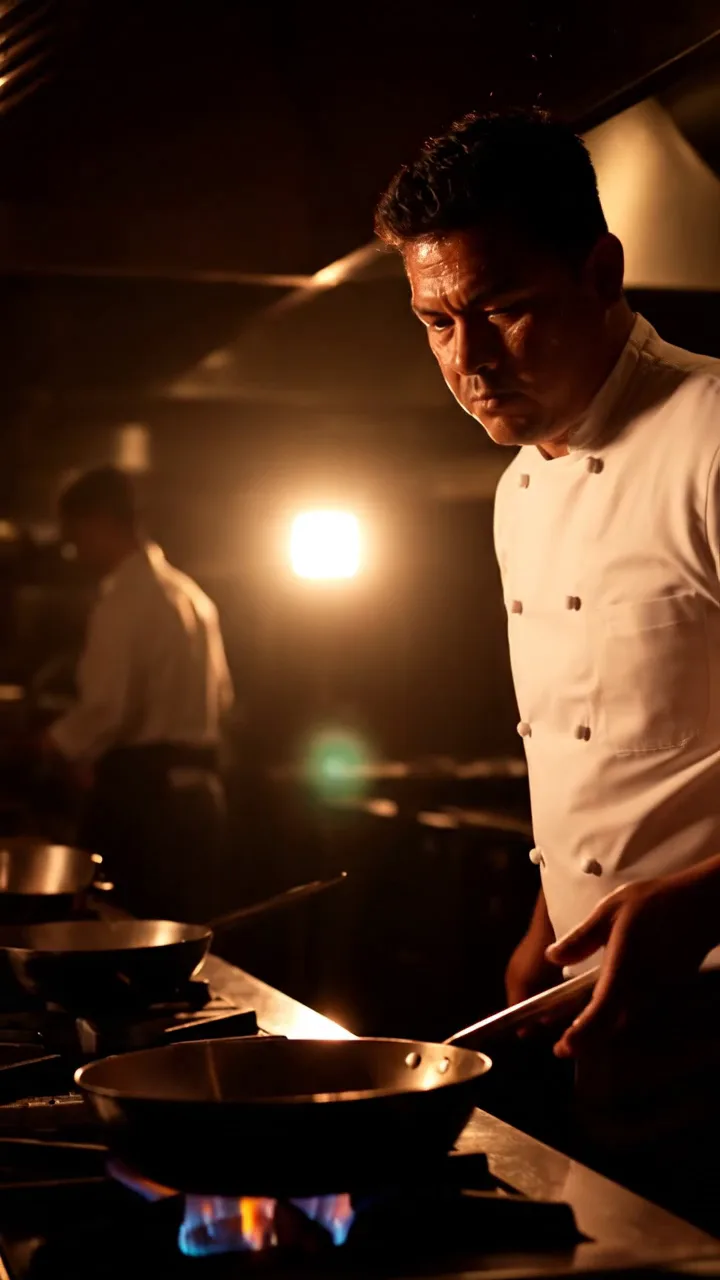 Chef tossing a flambe pan with a burst of flame and kitchen sound, generated with Veo 3.1 on FluxoKit