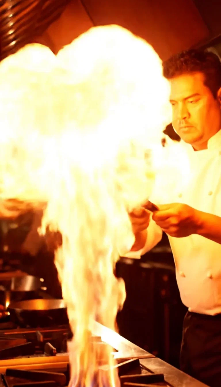 Flame burst beat frame from a Veo 3.1 kitchen clip on FluxoKit