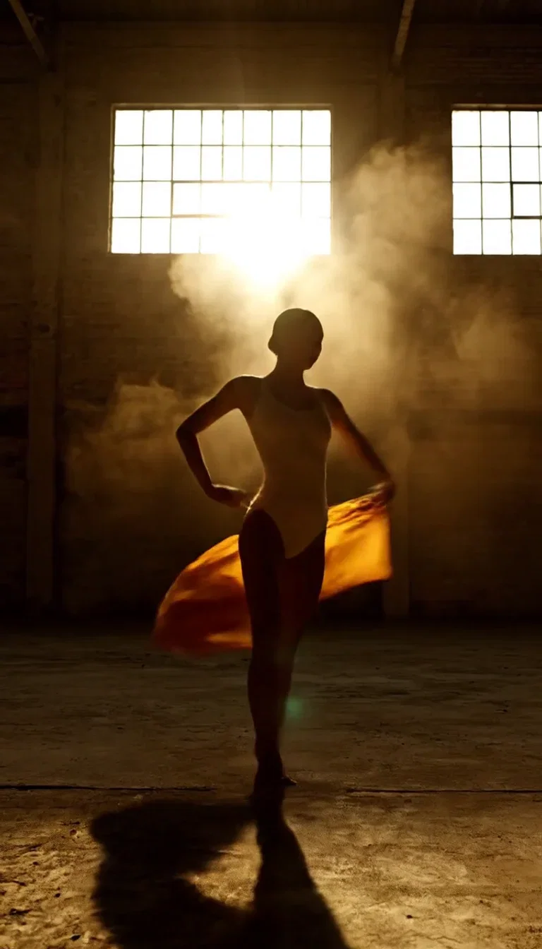 Dancer caught in a shaft of warehouse light, beat frame from a Veo 3.1 clip on FluxoKit