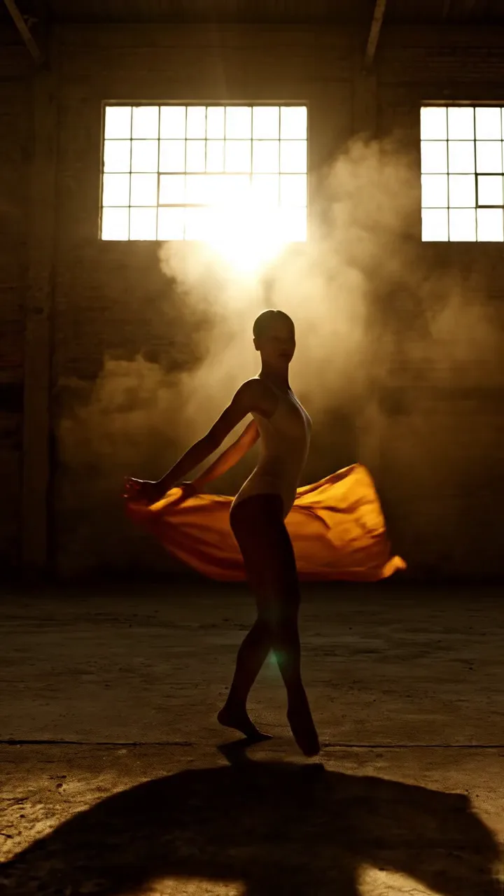 Dancer spinning with flowing amber silk in a dust-lit warehouse, generated with Veo 3.1 on FluxoKit