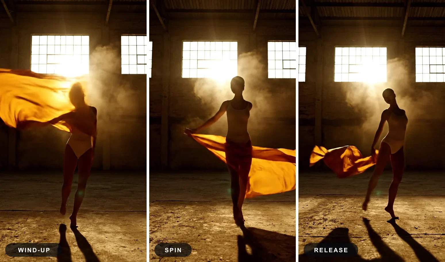 Three-beat strip of a dancer's spin from one Veo 3.1 take showing wind-up, spin and release, generated on FluxoKit